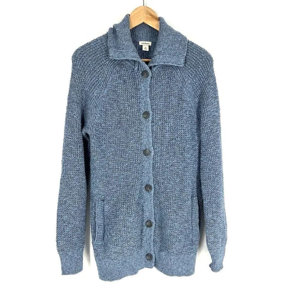LL Bean Cardigan Sweater Size Medium Womens Blue Shawl Collar Raglan Sleeve Knit